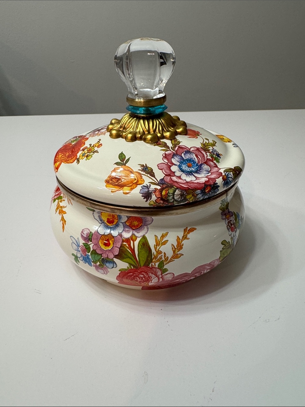 Floral Ceramic Trinket Jar with Glass Knob